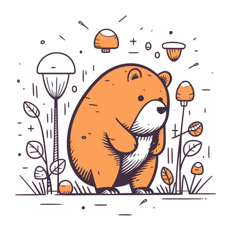 Cute cartoon beaver. Vector illustration in doodle style.のイラスト素材