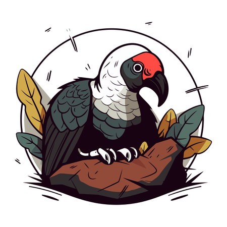 Vector illustration of a parrot sitting on a rock and eating.のイラスト素材