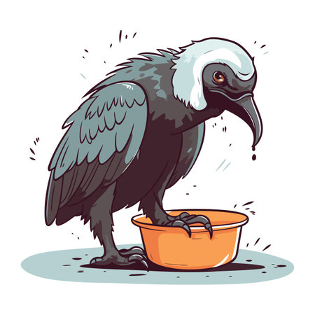 Vector illustration of a vulture eating food from an empty bowl.のイラスト素材