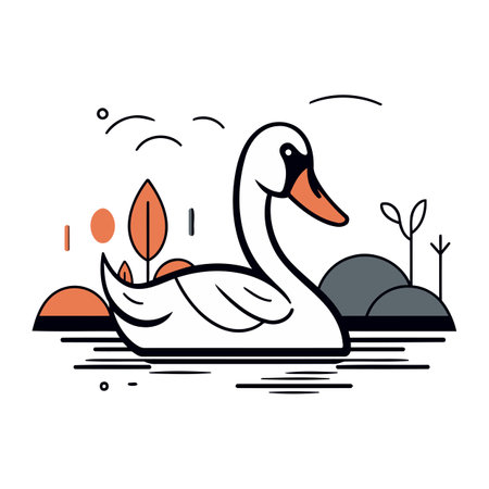 Vector illustration of a swan swimming in the lake. Line art style.のイラスト素材
