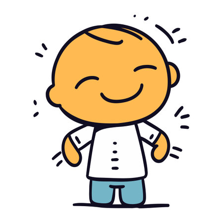 Vector illustration of happy cartoon baby in white shirt. Doodle style.