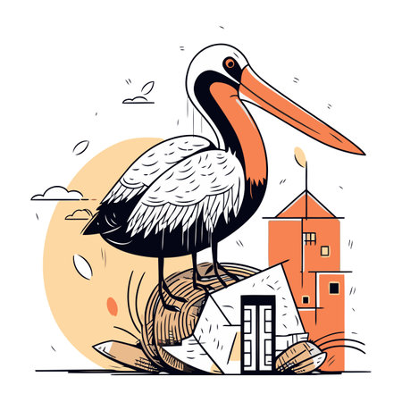 Pelican with a house in the background. Vector illustration.のイラスト素材