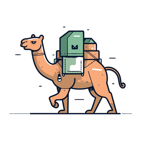 Camel with a suitcase. Vector illustration in flat linear style.のイラスト素材