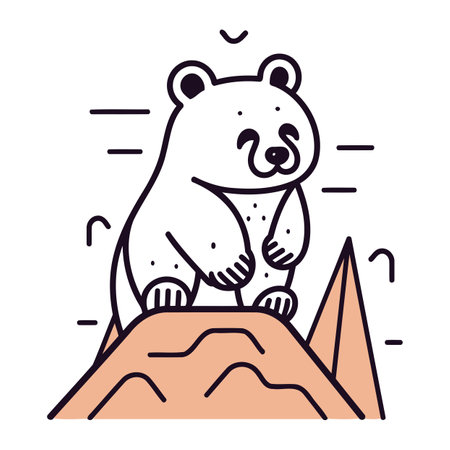 Cute bear sitting on top of mountain. Vector illustration in linear styleのイラスト素材