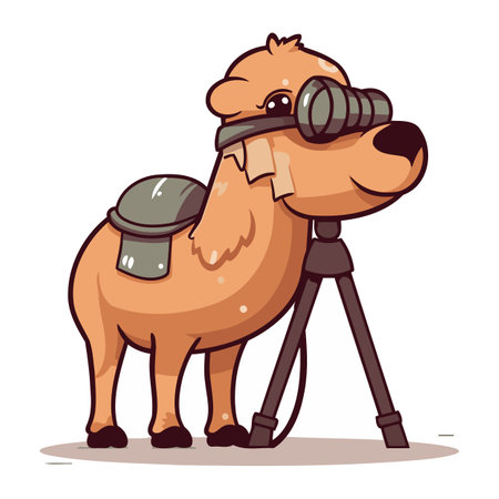 Cute cartoon camel with a camera on a tripod. Vector illustration.のイラスト素材
