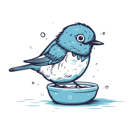 Vector illustration of a cute blue bird sitting on a bowl of food.のイラスト素材