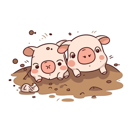 Illustration of cute pigs in the mud on a white background.のイラスト素材