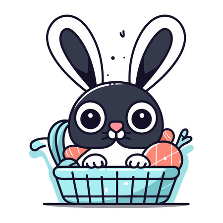 Easter bunny in the basket. Cute cartoon character. Vector illustration.のイラスト素材