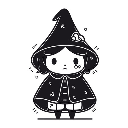 Black and white illustration of a little witch in a black hat.のイラスト素材