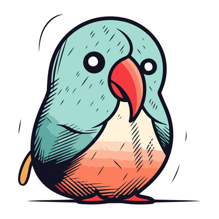 Hand drawn vector illustration of a cute cartoon parrot. Isolated on white background.のイラスト素材