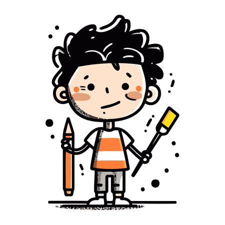 Cute boy with pencil and paint brush. vector cartoon illustration.のイラスト素材