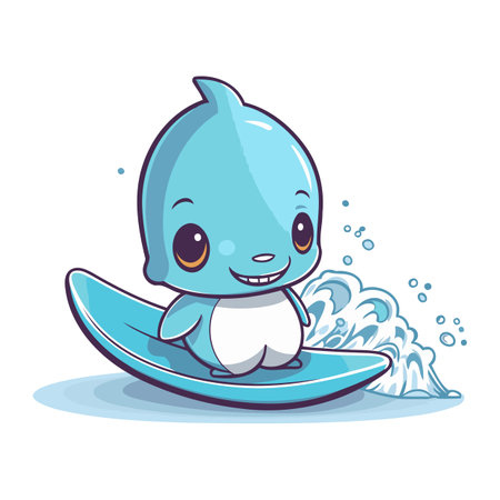 Cute cartoon blue whale surfing on surfboard. Vector illustration.のイラスト素材