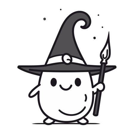 Smiling cartoon witch with magic wand. Vector illustration. Halloween.のイラスト素材