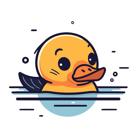Cute yellow duckling swimming in the sea. Vector illustration.のイラスト素材