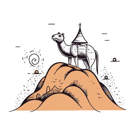 Camel on top of the mountain. Vector illustration in sketch style.のイラスト素材