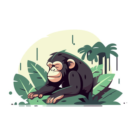 Chimpanzee sitting on the ground in the jungle. Vector illustration.のイラスト素材