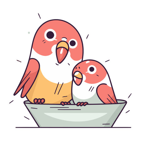 Cute couple of parrots in a bowl. Vector illustration.のイラスト素材