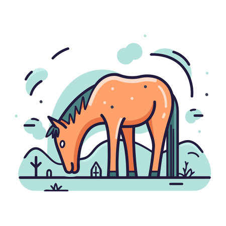 Horse in the field. Vector illustration in flat linear style.のイラスト素材