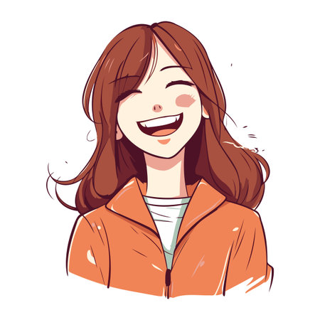 Vector illustration of a happy smiling young woman in orange hoodie.