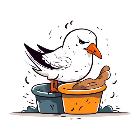 Vector illustration of a seagull with a bucket of water.のイラスト素材