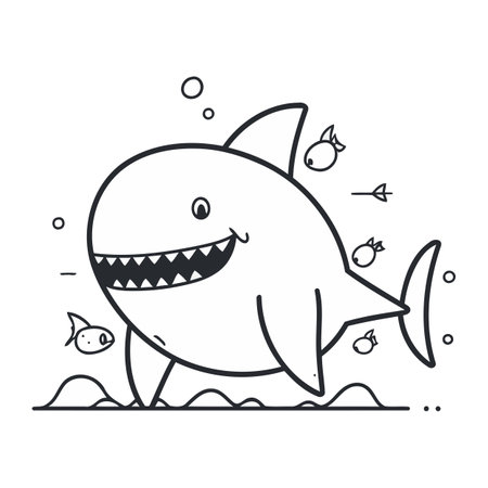 Shark. Vector illustration of a cute cartoon shark. Black and white.のイラスト素材