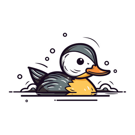 Vector illustration of cute cartoon duck swimming isolated on white background. Line art design for web. site. advertising. banner. poster. board and print.のイラスト素材
