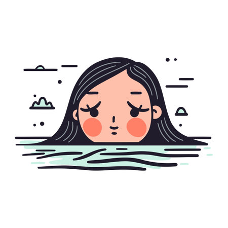 Vector illustration of a woman in the sea. The girl is sad.のイラスト素材