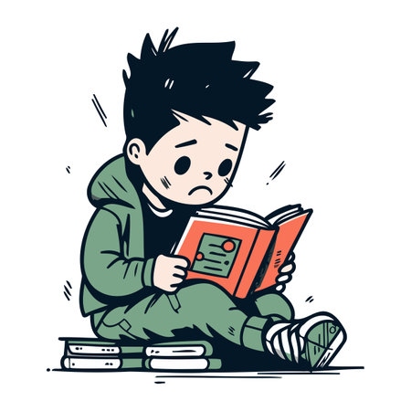 Sad boy reading a book. Hand drawn vector illustration in cartoon style.のイラスト素材