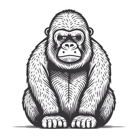 Gorilla sitting engraving vector illustration. Scratch board style imitation. Black and white hand drawn image.のイラスト素材