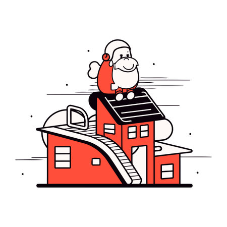 Santa Claus on the roof of a house. Vector illustration in line styleのイラスト素材