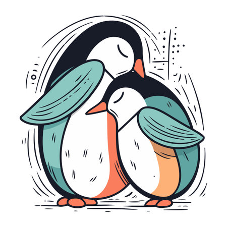 Vector illustration of penguins. Hand drawn doodle cartoon style.のイラスト素材