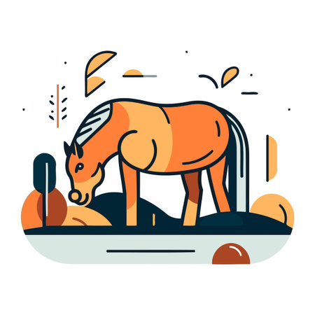 Horse in the field. Vector illustration in flat linear style.のイラスト素材
