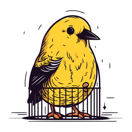 Cute yellow bird in a cage. Vector illustration isolated on white background.のイラスト素材