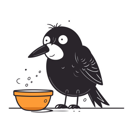Cute cartoon crow with a bowl of food. Vector illustration.のイラスト素材