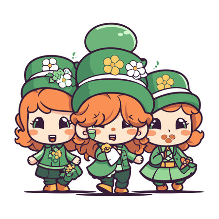 Cartoon vector illustration of a group of kids in traditional leprechaun costumesのイラスト素材