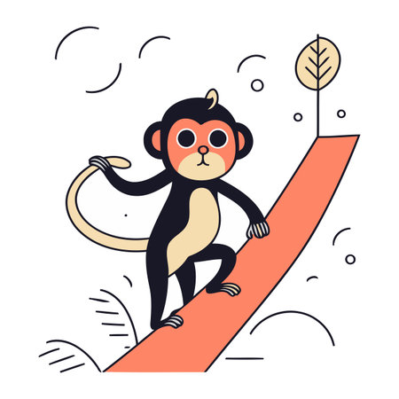 Cute monkey climbing up the stairs. Vector illustration in flat styleのイラスト素材