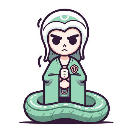 Illustration of a cartoon woman in a green robe with a snakeのイラスト素材