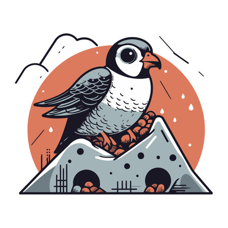 Vector illustration of a bird sitting on the roof of a house.のイラスト素材