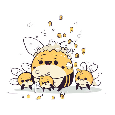 Cute little fox with a lot of bees. Vector illustration.のイラスト素材