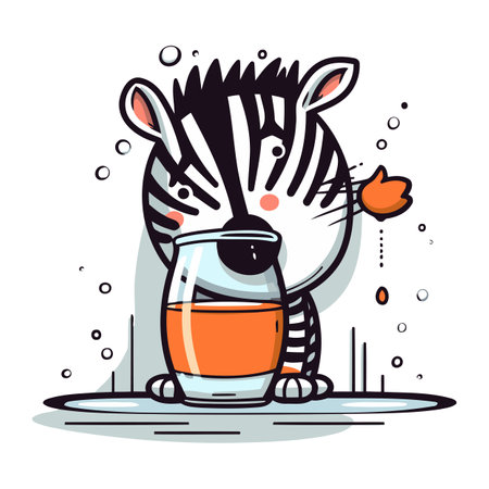 Zebra drinking a glass of juice. Vector illustration in cartoon style.のイラスト素材