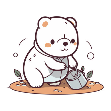 Cute cartoon polar bear sitting on the ground with a watering canのイラスト素材