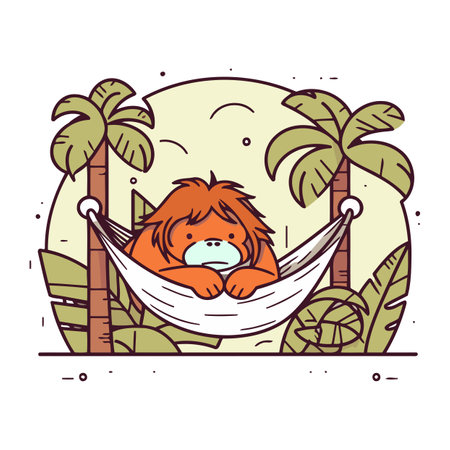 Cute monkey sleeping in a hammock on the beach. Vector illustration.のイラスト素材