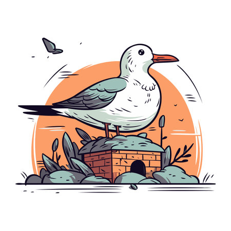 Vector illustration of a seagull sitting on the chimney.のイラスト素材