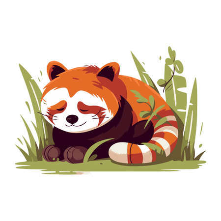 Red panda lying on the grass. Cute cartoon vector illustration.のイラスト素材