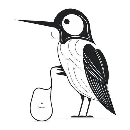 Cute woodpecker with egg. Black and white vector illustration.のイラスト素材
