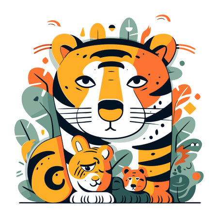 Cute tiger and tiger cub. Vector illustration in flat style.のイラスト素材
