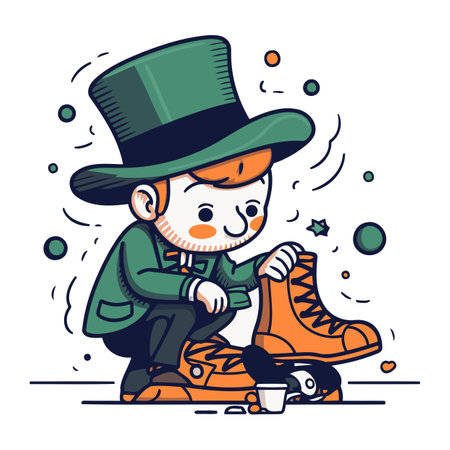 Funny cartoon leprechaun with ice skates. Vector illustration.のイラスト素材