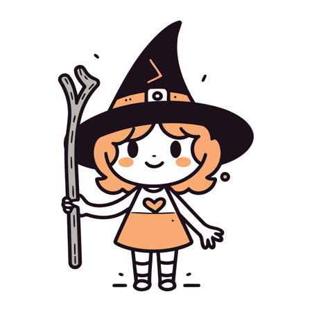 Cute little girl in witch costume with magic wand. Vector illustration.のイラスト素材