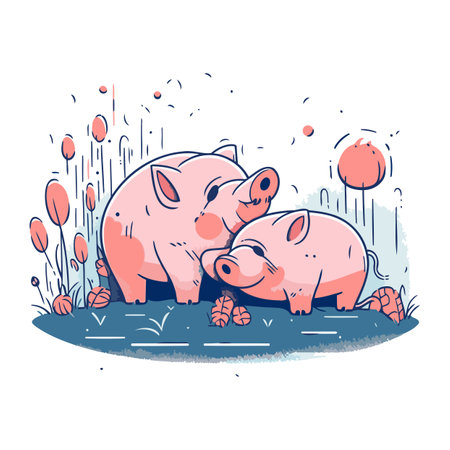 Vector illustration of two piglets in the meadow with flowers.のイラスト素材