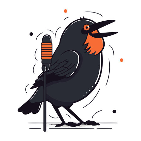 Crow singing on microphone. Vector illustration in cartoon flat style.のイラスト素材